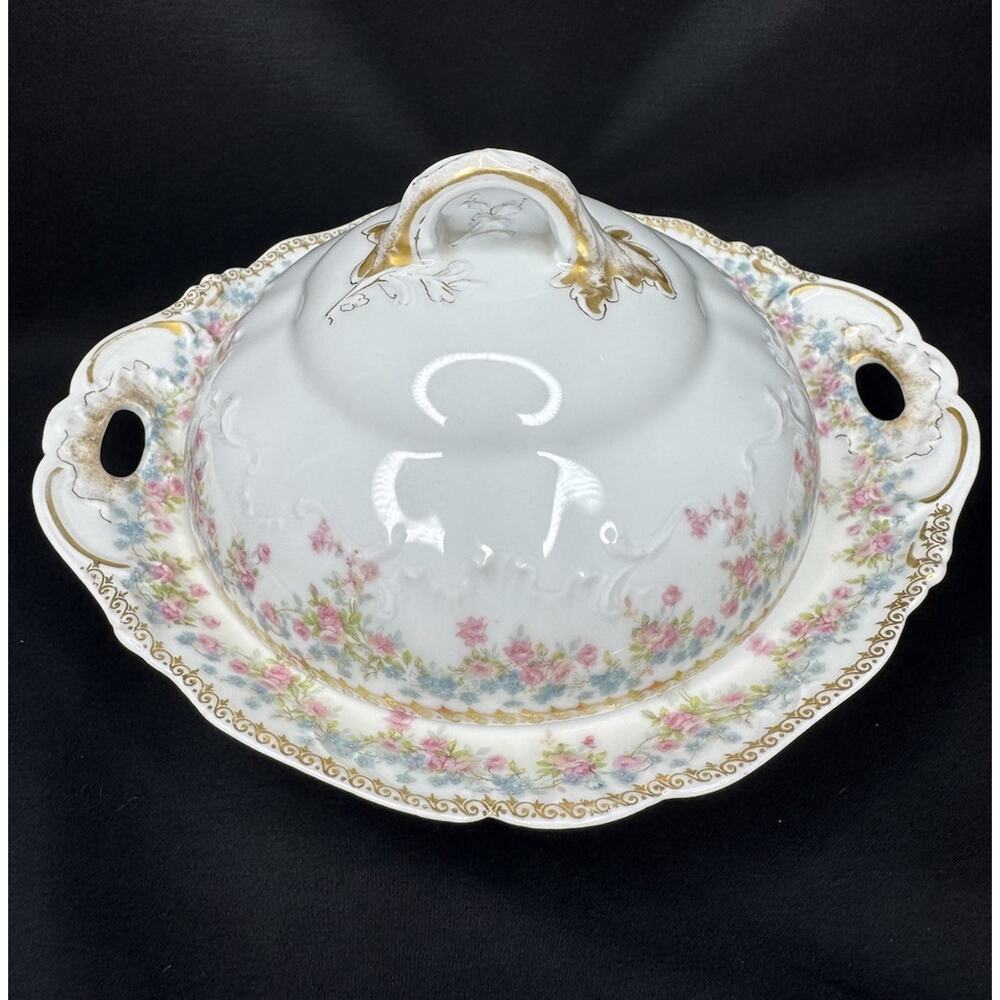 *RARE* Haviland Limoges Covered Butter Dish Pink & Blue Floral Gold Trim #610